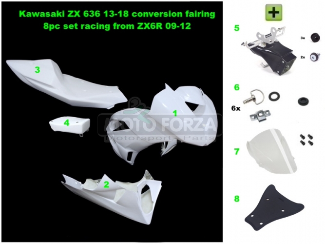 Kawasaki ZX-6R Ninja 2009-2012 Komplettsatz 5-teilig racing, GFK -  CONVERSION SET fur ZX6R 636 2013-, GFK