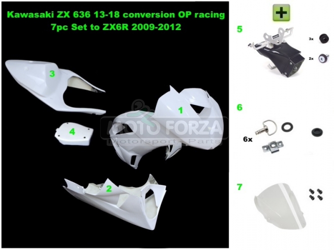 Kawasaki ZX-6R Ninja 2009-2012 Komplettsatz 5-teilig racing OP, GFK - CONVERSION SET for ZX6R 636 2013-