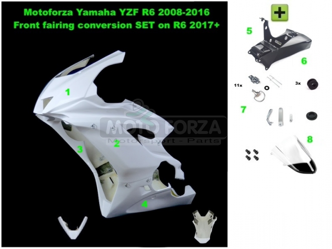 Přední kapotáž racing vč.instalace D ring šroubů  - Yamaha R6 08-16 Konverze na kapotu 2017+